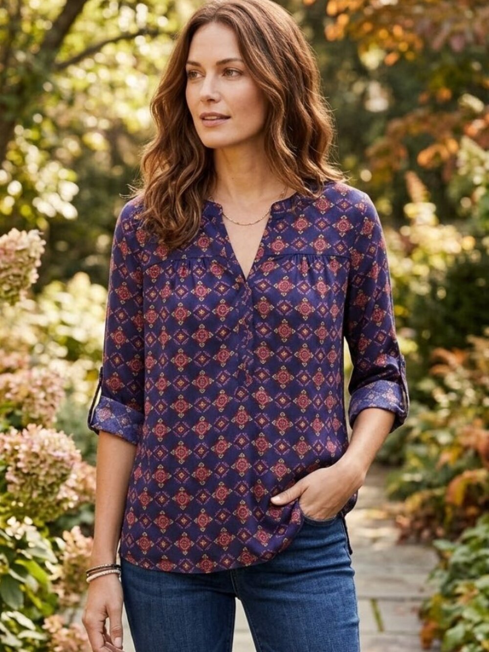 Skies Are Blue York Tile Roll Tab 3/4 Sleeve Split V Neck Blouse Top Shirt